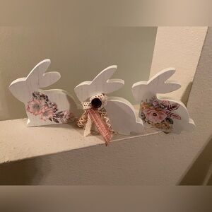 Set of Three Painted White Wood Bunny Rabbits with added Floral Transfers/Ribbon